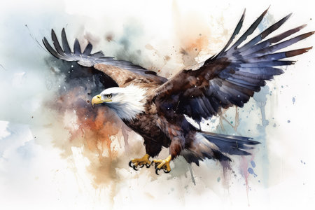 Watercolor painting of an american bald eagle flying in the airの素材