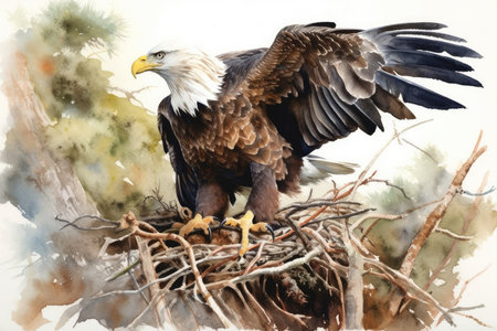 Bald Eagle on a branch in the wild. Watercolor illustrationの素材