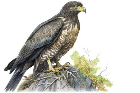 Steppe eagle on a rock isolated on white background. Watercolor illustrationの素材