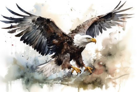 Bald Eagle in flight, digital watercolor painting on white backgroundの素材
