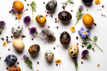 Easter eggs and flowers on white background. Flat lay, top viewの素材