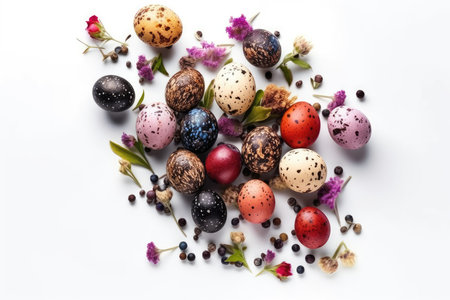 Easter eggs and spring flowers on white background. Top view.の素材