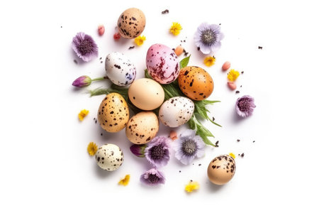 Easter eggs and flowers on white background. Flat lay, top viewの素材