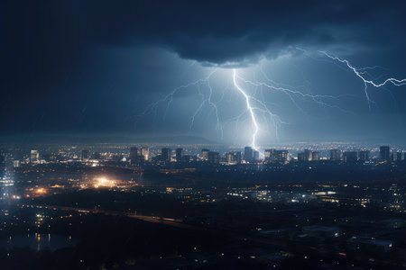 Lightning strike over the city at night. Thunderstorm over the cityの素材