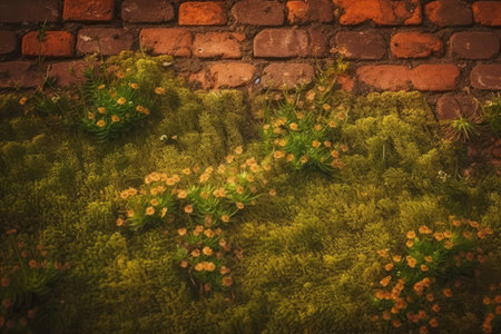 Green moss with red brick wall background. Vintage tone. Selective focus.の素材