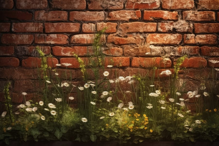 Old brick wall with wildflowers and daisies in gardenの素材