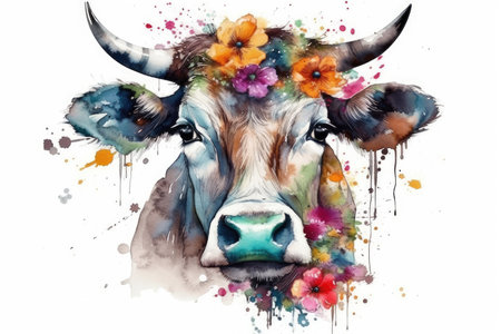 Watercolor portrait of a cow with flowers. Digital painting on canvas.の素材