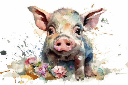 Watercolor portrait of a cute pig with flowers and splashes.の素材