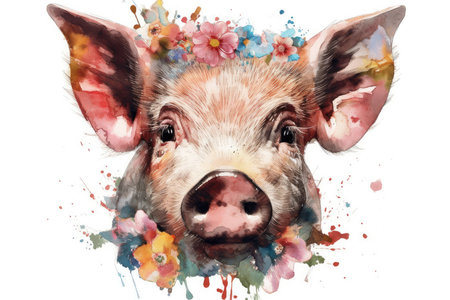 Watercolor portrait of a cute pig with flowers on a white backgroundの素材