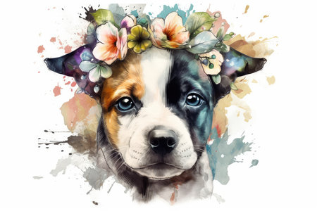Portrait of a dog with a wreath of flowers on his head.の素材