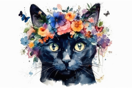 Watercolor portrait of a black cat with a wreath of flowers.の素材
