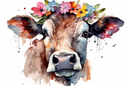 Watercolor portrait of a cow with flowers in her hair. Vector illustration.の素材