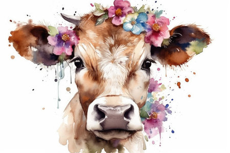Watercolor portrait of a cow with flowers on a white background.の素材