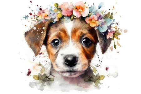 Watercolor portrait of a cute dog in a wreath of flowersの素材