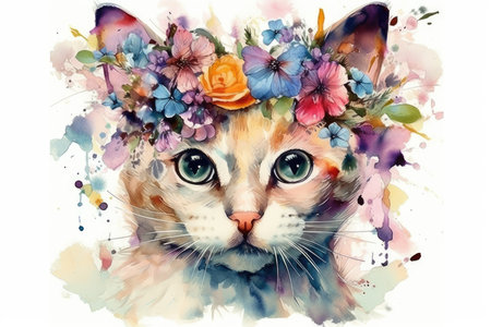 Watercolor portrait of a cat in a wreath of flowers.の素材