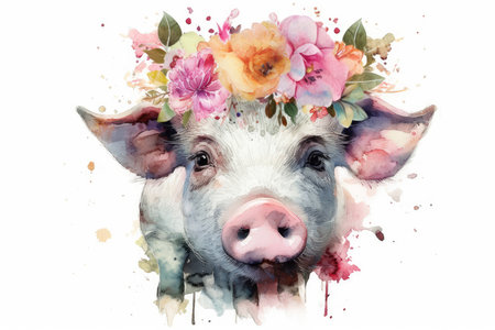Watercolor portrait of a pig in a wreath of flowers on a white backgroundの素材