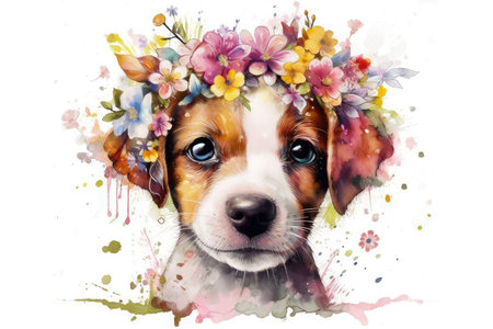 Portrait of a Beagle dog in a wreath of flowersの素材