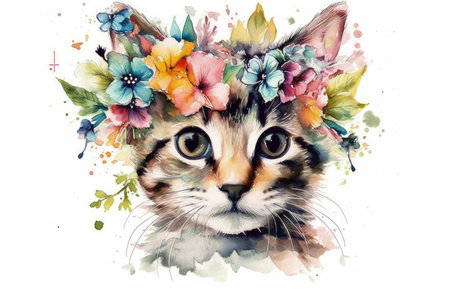Watercolor portrait of a cat with a wreath of flowers.の素材