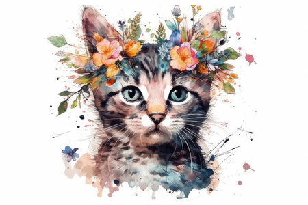 Watercolor portrait of a kitten with a wreath of flowers.の素材