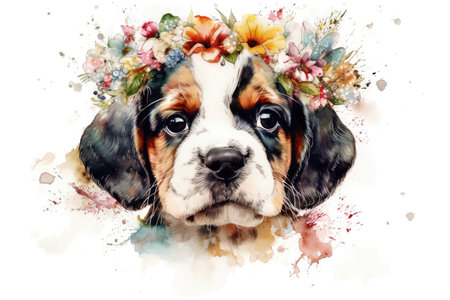 Cute Beagle puppy with floral wreath. Watercolor paintingの素材