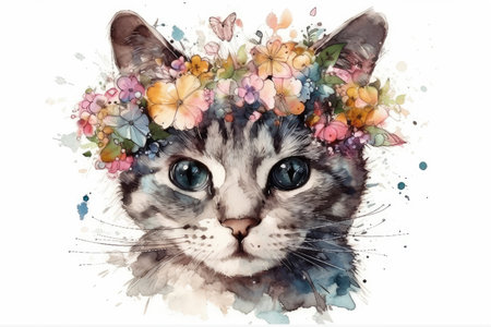 Watercolor portrait of a cat in a wreath of flowers.の素材
