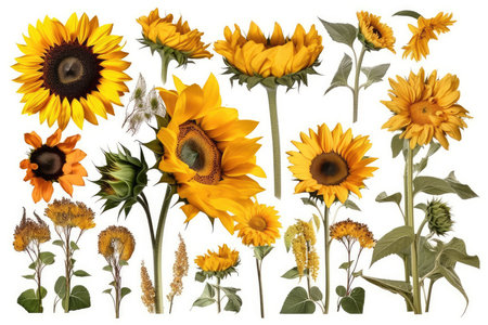 Set of sunflowers isolated on white background. Flat lay, top view.の素材
