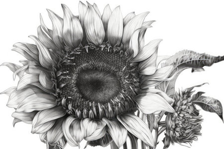 black and white sunflower isolated on white background. monochromeの素材