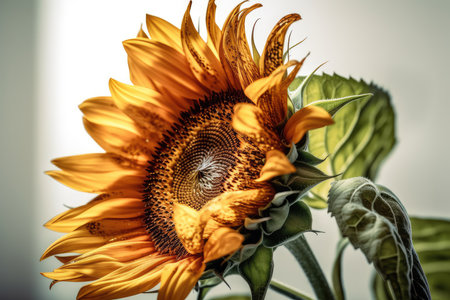 Sunflower close-up on the background of a white wall.の素材