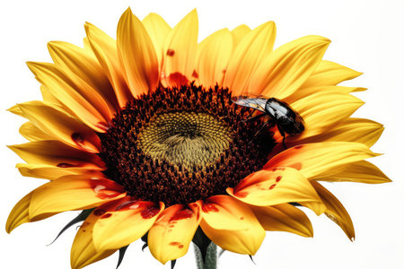 Sunflower and bee isolated on white background. Sunflower blooming.の素材