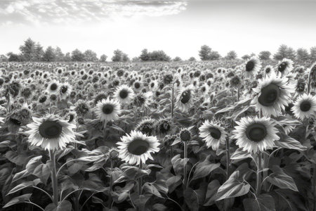 Sunflower field in black and white, beautiful photo digital picture.の素材