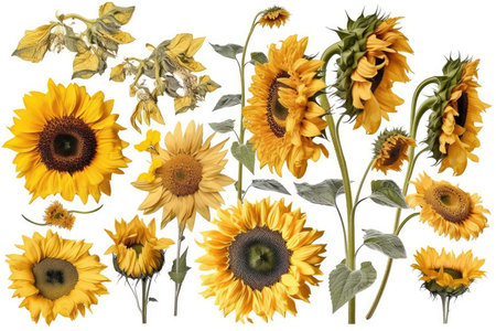 Set of sunflowers isolated on white background. Flat lay, top view.の素材