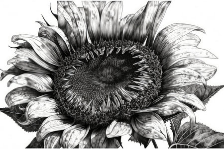 black and white image of sunflower on a white background, monochromeの素材