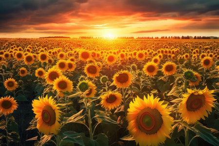 Sunflower field at sunset. Beautiful summer landscape with sunflowers.の素材