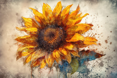 Sunflower on grunge background with watercolor effect. Digital painting.の素材