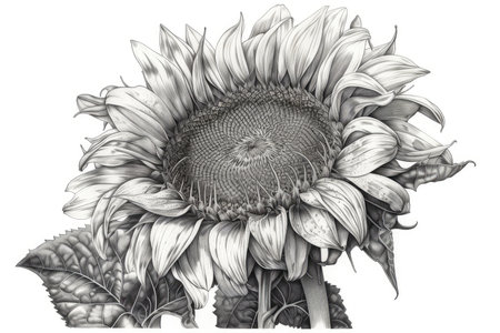 Black and white illustration of sunflower. Hand-drawn graphics.の素材