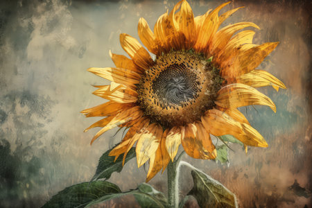Sunflower in grunge style, soft focus and vintage effect.の素材