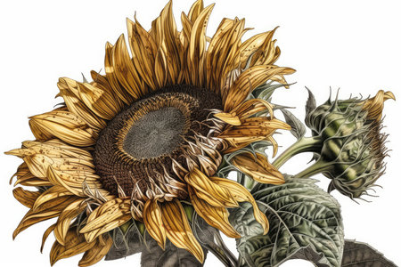 Illustration of a sunflower on a white background with space for textの素材