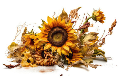 Sunflowers with leaves isolated on white background. Autumn flowers.の素材
