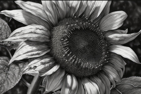 Black and white photo of a sunflower. Close-up.の素材