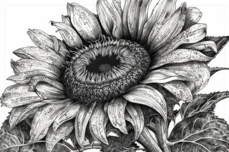 Black and white sunflower on white background. Hand-drawn illustration.の素材