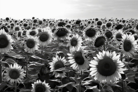 Sunflower field in black and white. Black and white photo.の素材