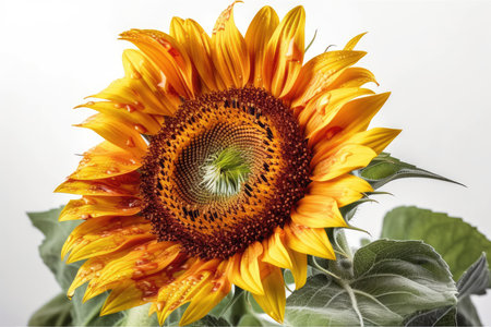 Sunflower with water droplets on petals on a white backgroundの素材