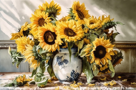 Still life with sunflowers in a vase on the tableの素材