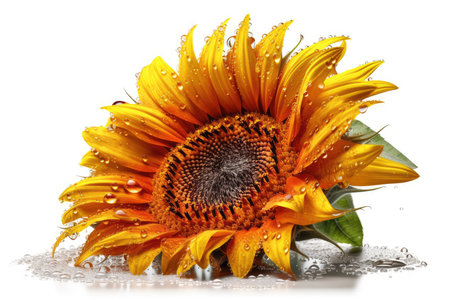 Beautiful sunflower with dew drops on white background, closeupの素材