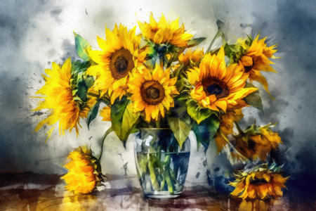 Still life with sunflowers in a vase on a grunge backgroundの素材