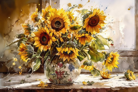 Bouquet of sunflowers in a vase on the windowsillの素材