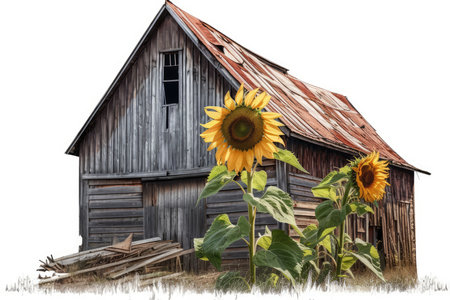 Old barn with sunflowers isolated on white background 3d illustrationの素材