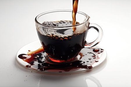 Pouring coffee into a cup on a white background, close-upの素材