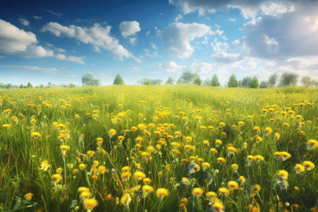 Beautiful meadow with dandelions and blue sky with cloudsの素材