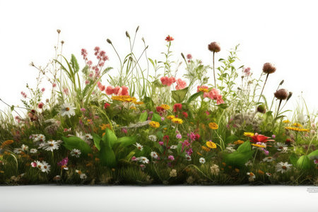 Flower meadow isolated on white background. 3D illustration.の素材